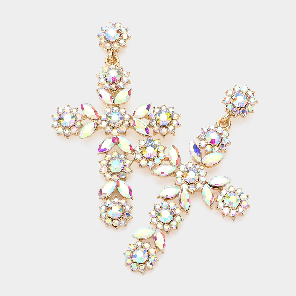 Madeline Love AB, Gold Flower Mqrauise Stone Cluster Pointed Cross Dangle Evening Earrings