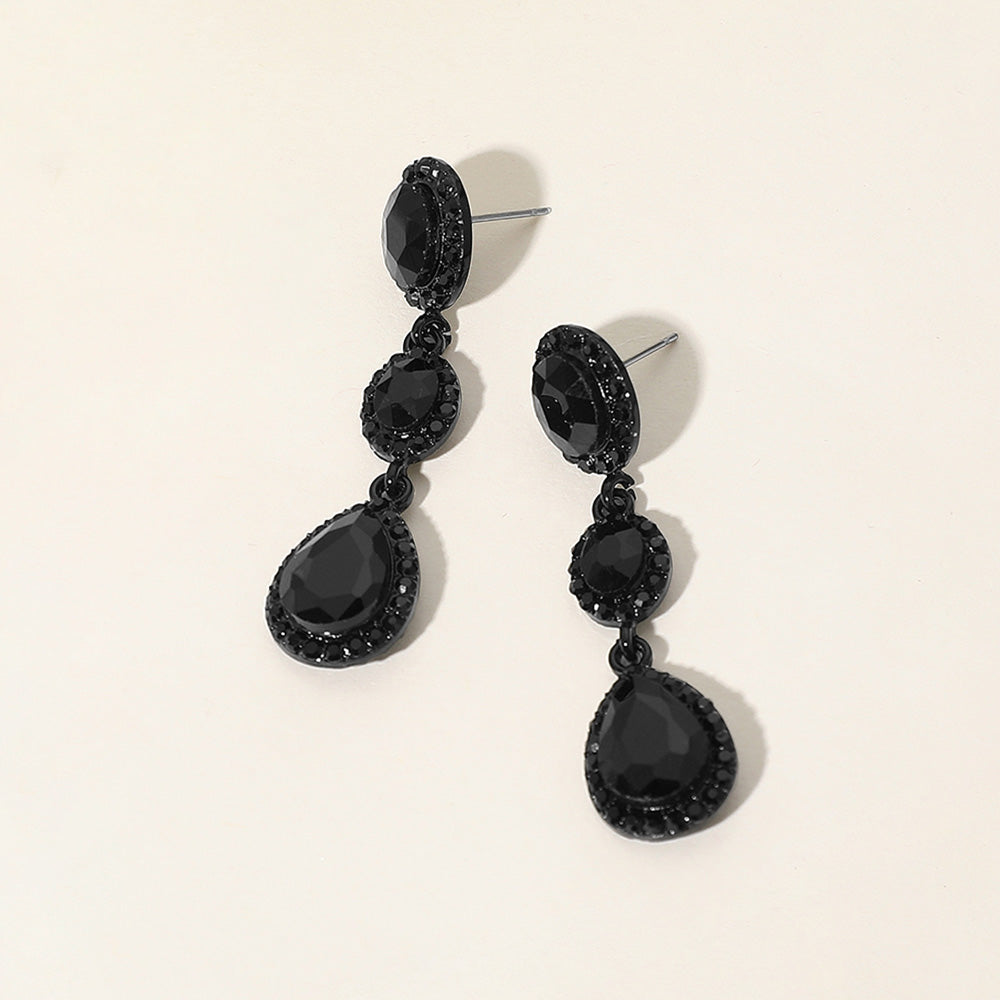 Madeline Love Black, Jet Black Oval Teardrop Stone Cluster Link Dropdown Evening Earrings