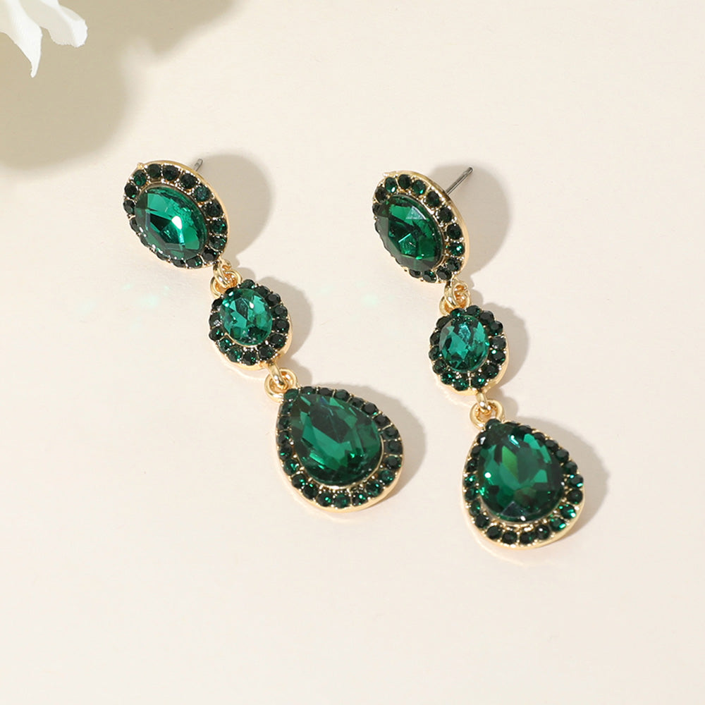 Madeline Love Emerald, Gold Oval Teardrop Stone Cluster Link Dropdown Evening Earrings