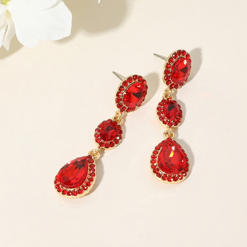 Madeline Love Gold, Siam Oval Teardrop Stone Cluster Link Dropdown Evening Earrings