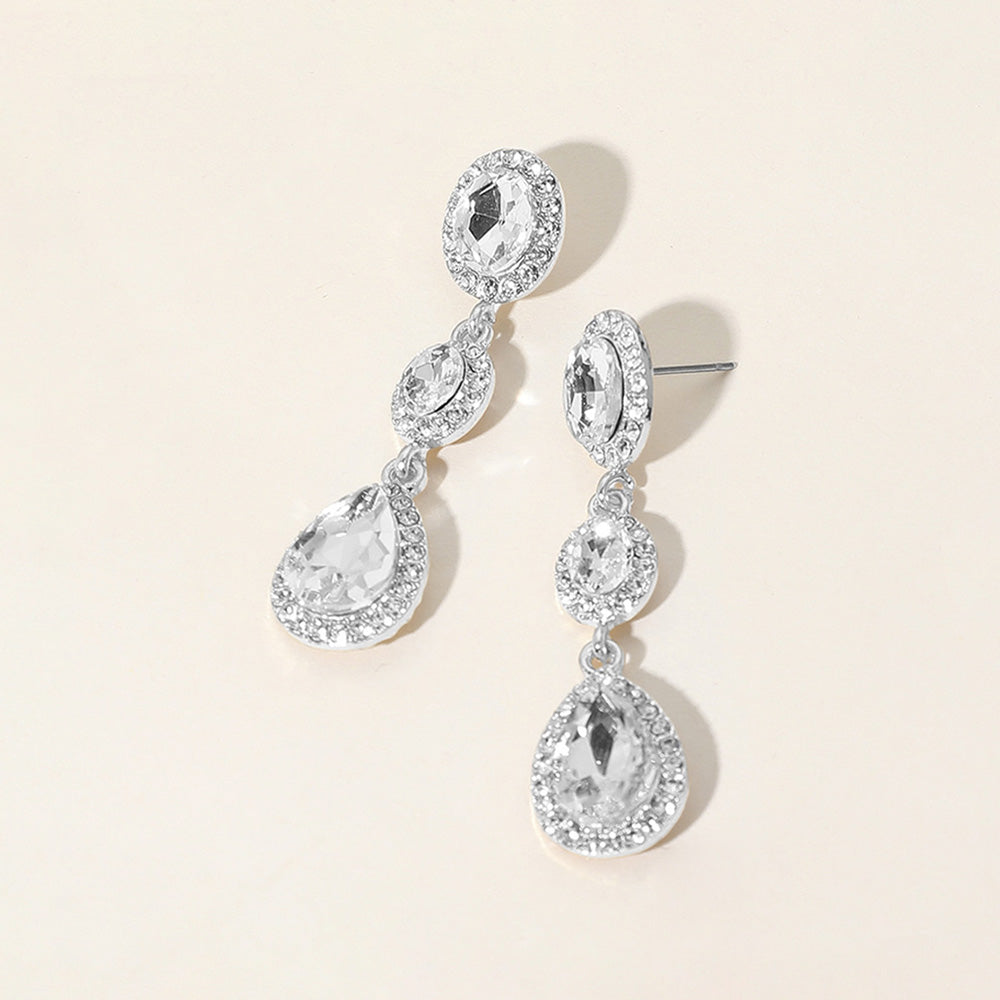 Madeline Love Clear, Silver Oval Teardrop Stone Cluster Link Dropdown Evening Earrings