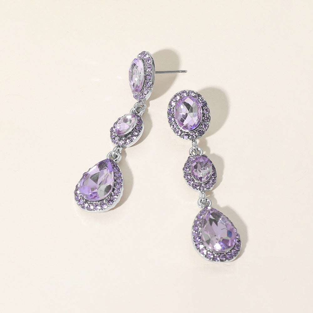 Madeline Love Silver, Violet Oval Teardrop Stone Cluster Link Dropdown Evening Earrings