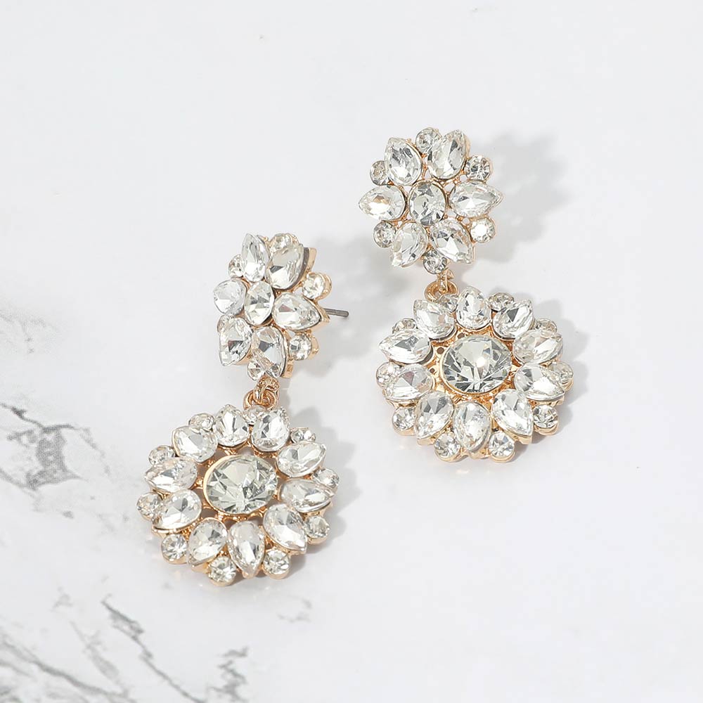Madeline Love Clear, Gold Floral Stone Cluster Drop Dangle Evening Earrings