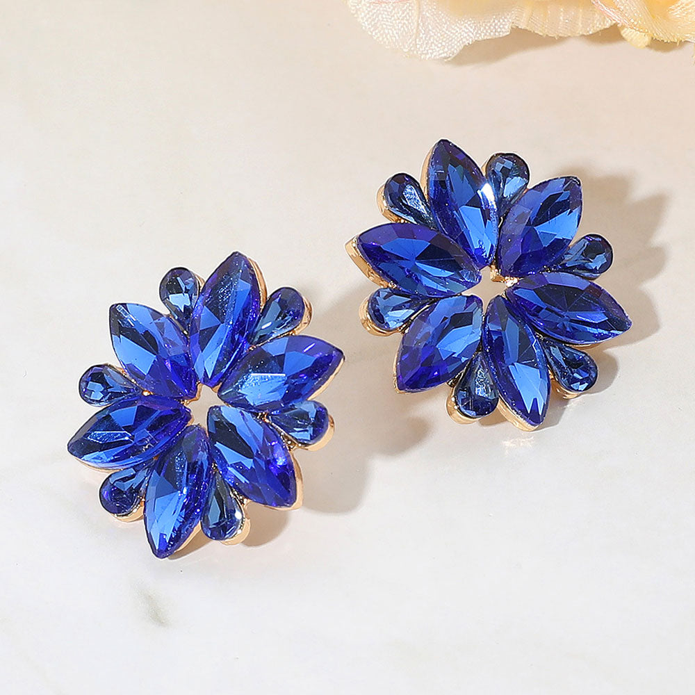 Madeline Love Gold, Sapphire Marquise Stone Cluster Flower Evening Earrings