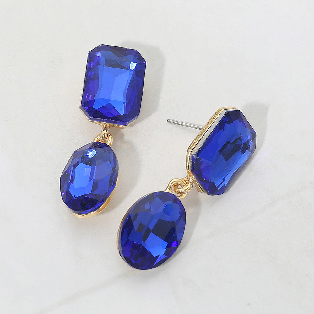 Madeline Love Gold, Sapphire Oval Glass Stone Cluster Dangle Evening Earrings