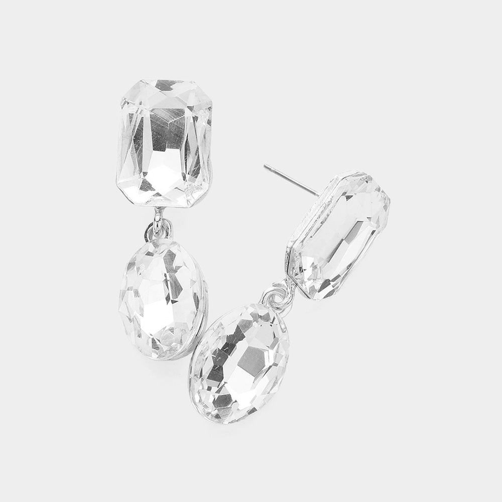 Madeline Love Clear, Silver Oval Glass Stone Cluster Dangle Evening Earrings