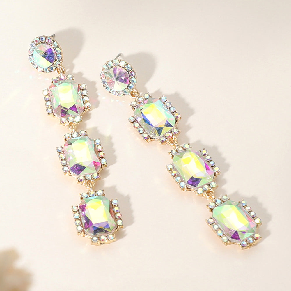 Madeline Love AB, Gold Rectangle Stone Cluster Drop Evening Earrings