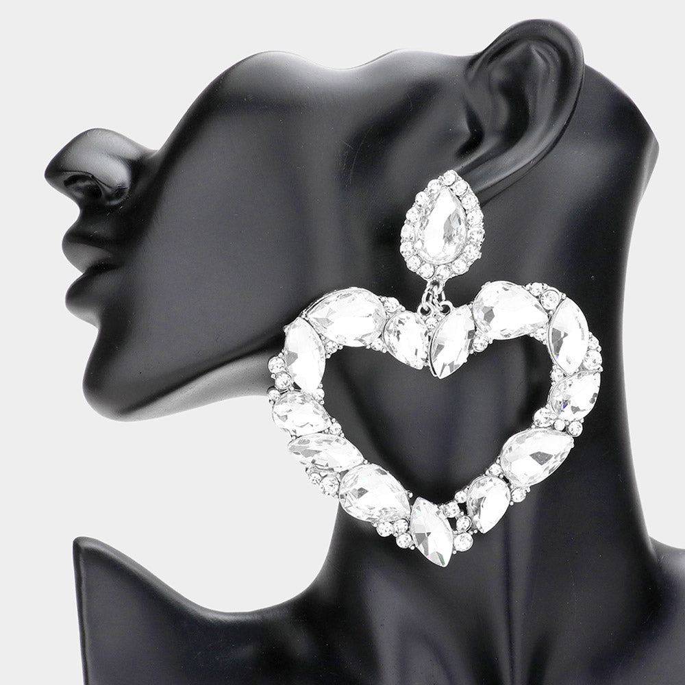 Marquise Teardrop Stone Cluster Open Heart Dangle Evening Earrings