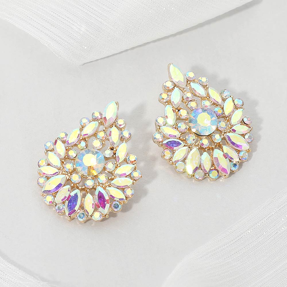 Madeline Love AB, Gold Round Marquise Stone Cluster Embellished Teardrop Evening Earrings