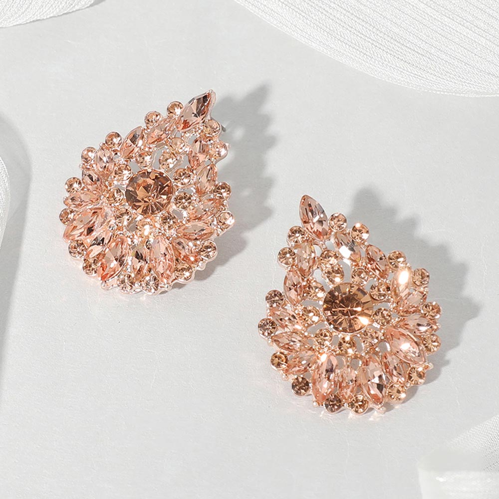 Madeline Love Peach, Rose Gold Round Marquise Stone Cluster Embellished Teardrop Evening Earrings