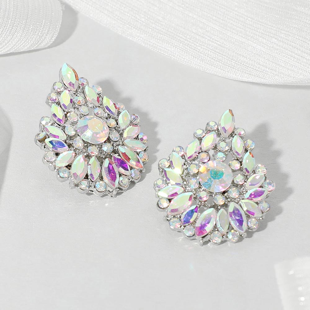 Madeline Love AB, Silver Round Marquise Stone Cluster Embellished Teardrop Evening Earrings
