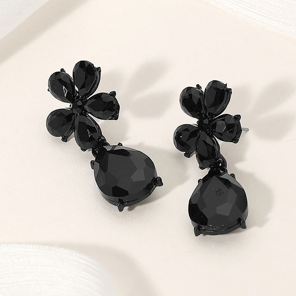 Madeline Love Black, Jet Black Flower Teardrop Stone Cluster Dangle Evening Earrings