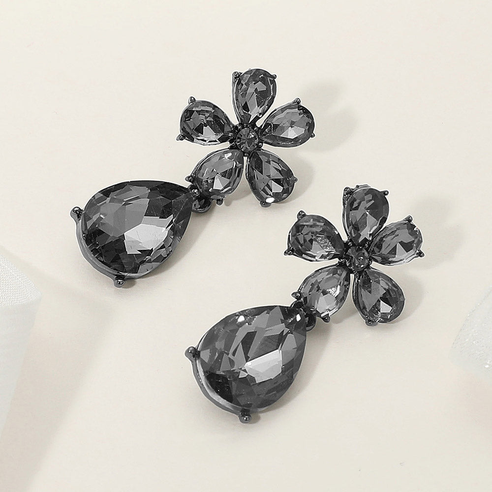 Madeline Love Black Diamond Flower Teardrop Stone Cluster Dangle Evening Earrings