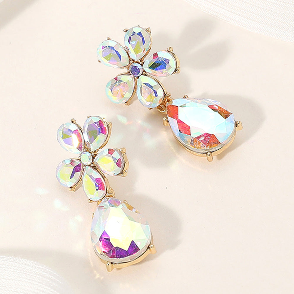 Madeline Love AB, Gold Flower Teardrop Stone Cluster Dangle Evening Earrings