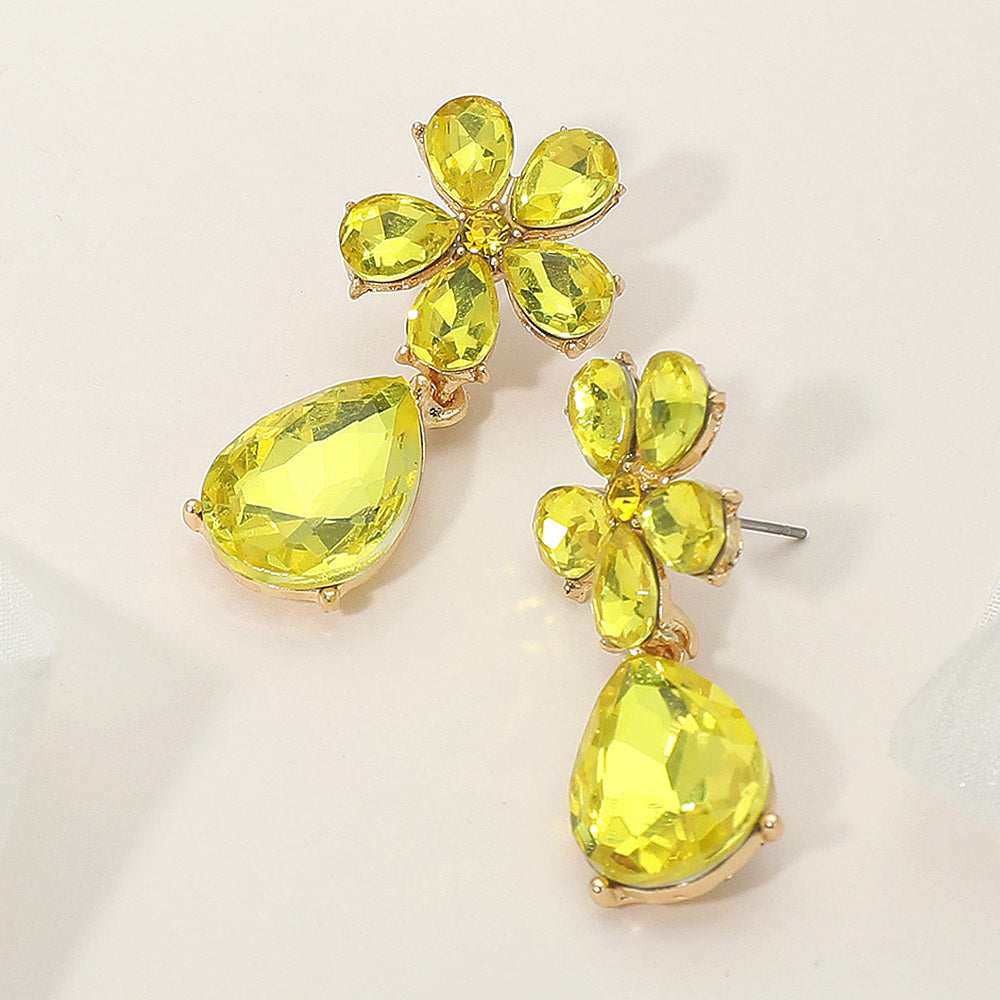 Madeline Love Gold, Yellow Flower Teardrop Stone Cluster Dangle Evening Earrings