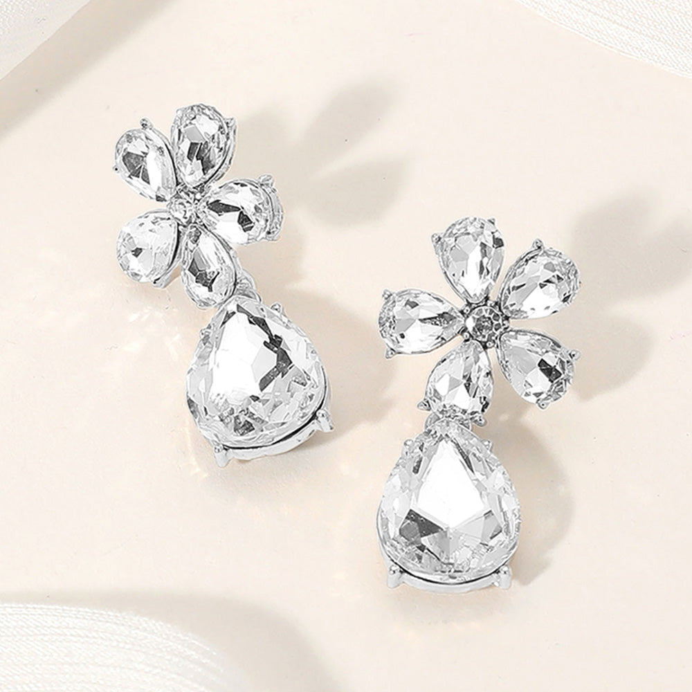 Madeline Love Clear, Silver Flower Teardrop Stone Cluster Dangle Evening Earrings
