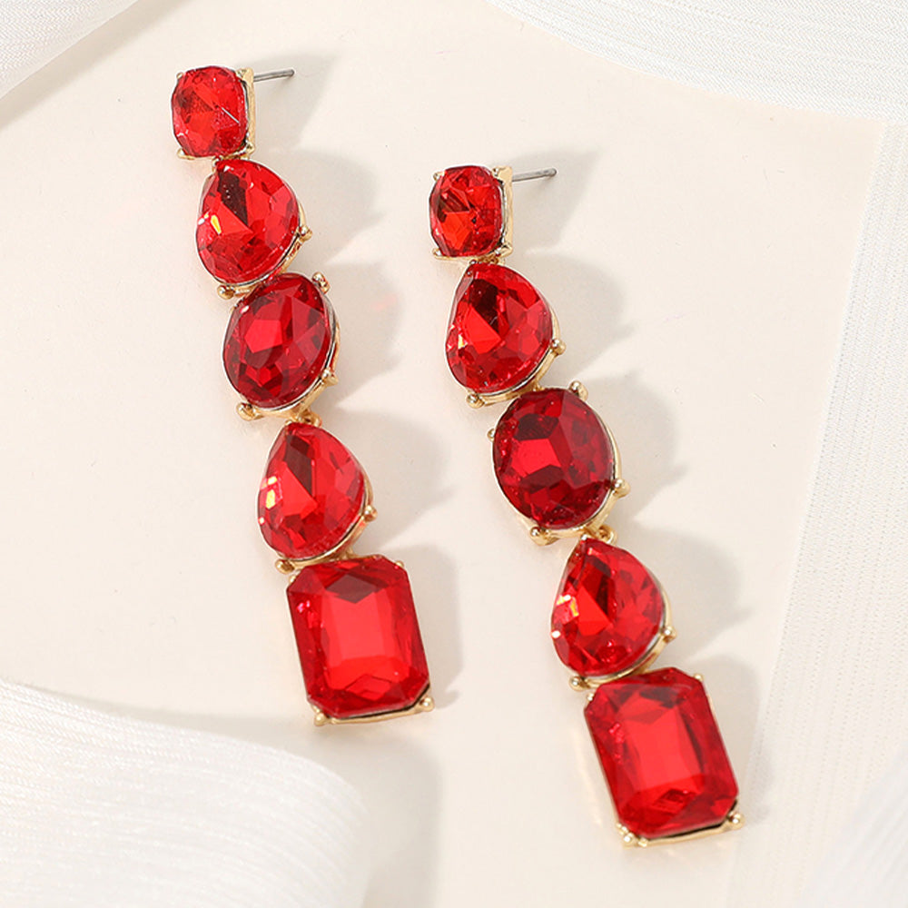 Madeline Love Gold, Siam Faceted Teardrop Oval Rectangle Stone Cluster Link Dropdown Evening Earrings