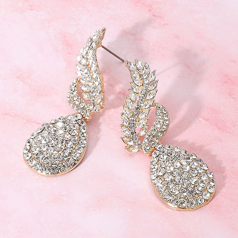 Madeline Love Clear, Gold Rhinestone Embellished Teardrop Dangle Evening Earrings