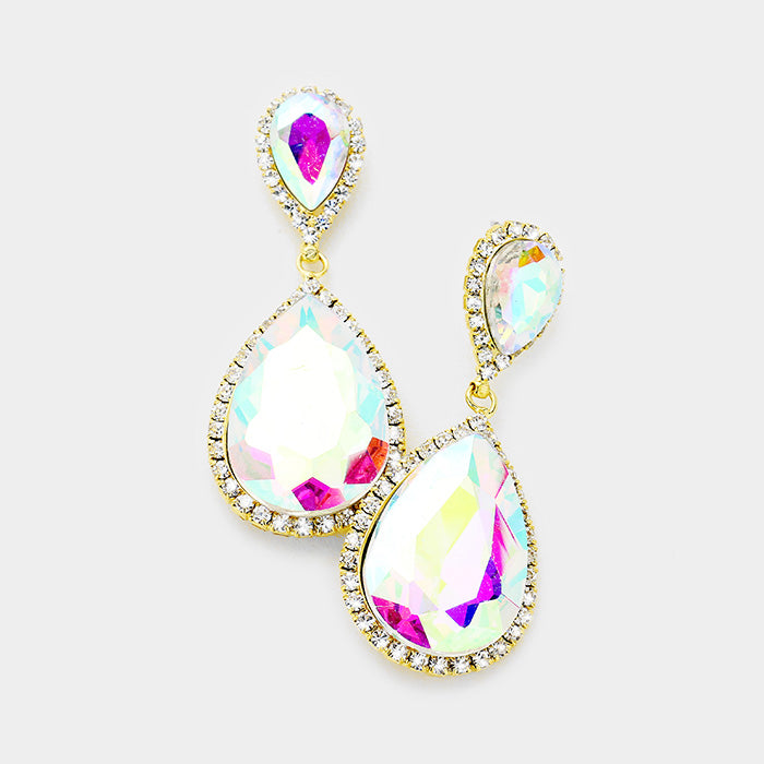 Madeline Love AB, Gold Rhinestone Pave Double Crystal Teardrop Evening Earrings