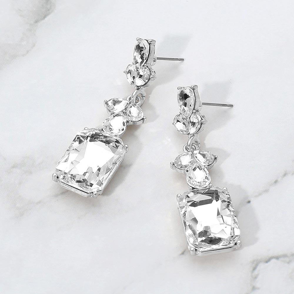 Madeline Love Clear, Silver Geometric Rectangle Drop Evening Earrings