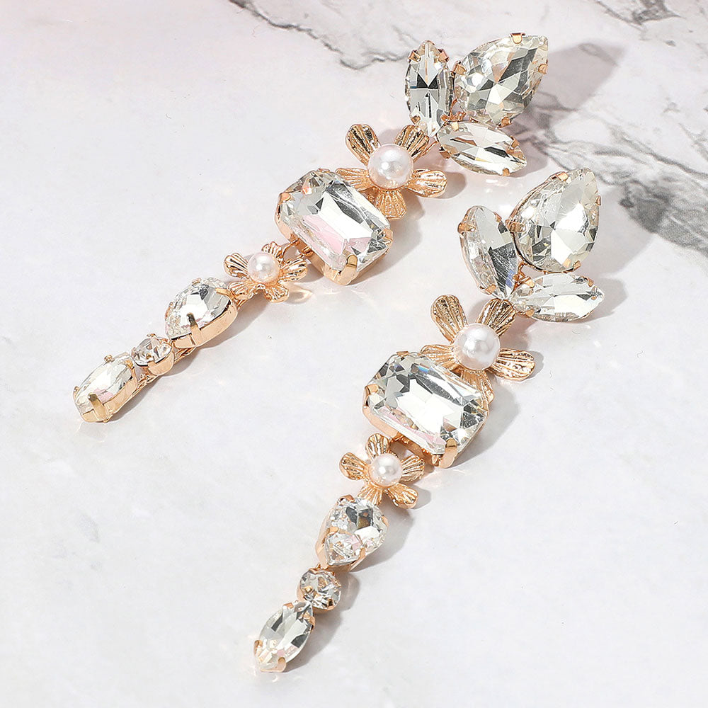 Madeline Love Clear, Gold Pearl Accent Elegant Stone Cluster Drop Evening Earrings