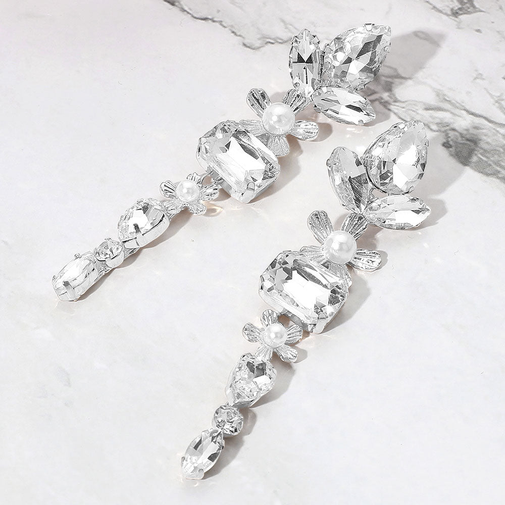 Madeline Love Clear, Silver Pearl Accent Elegant Stone Cluster Drop Evening Earrings
