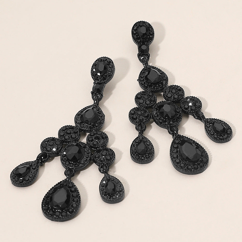 Madeline Love Black, Jet Black Teardrop Stone Cluster Chandelier Drop Evening Earrings