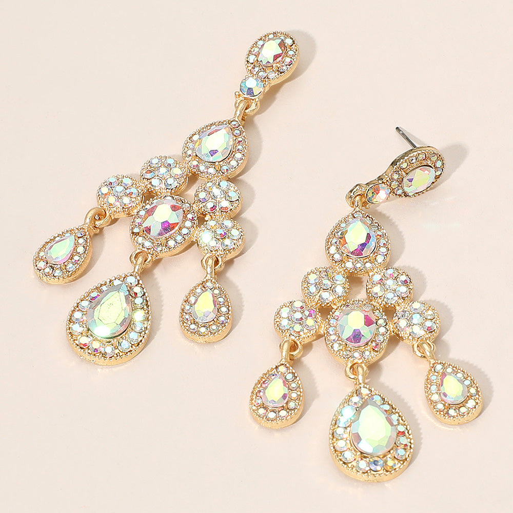 Madeline Love AB, Gold Teardrop Stone Cluster Chandelier Drop Evening Earrings