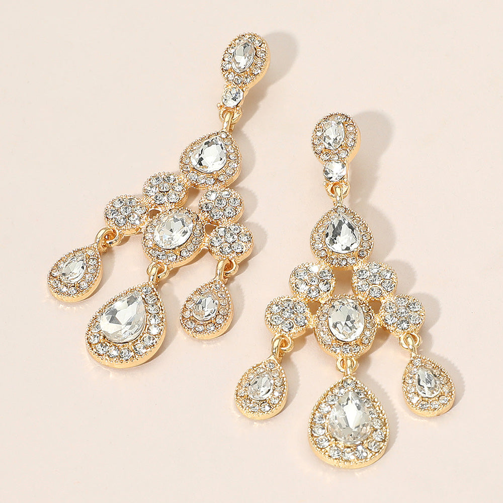Madeline Love Clear, Gold Teardrop Stone Cluster Chandelier Drop Evening Earrings