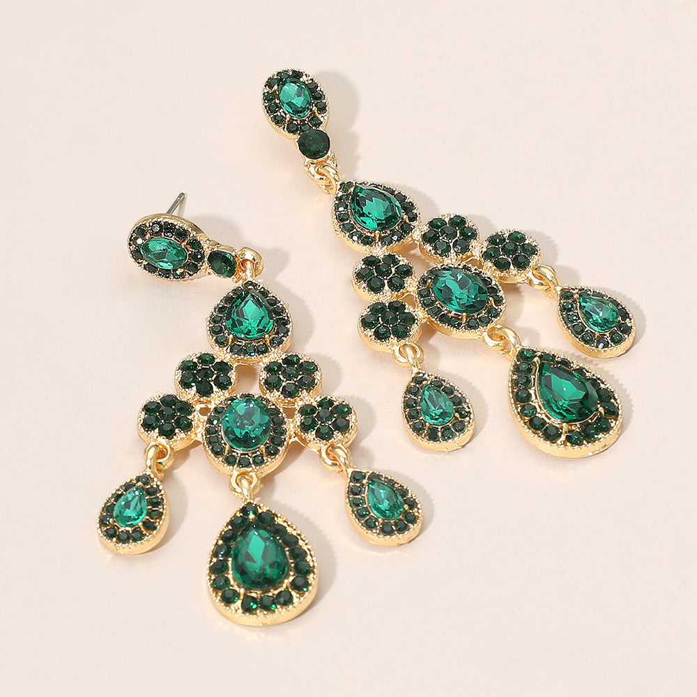 Madeline Love Emerald, Gold Teardrop Stone Cluster Chandelier Drop Evening Earrings