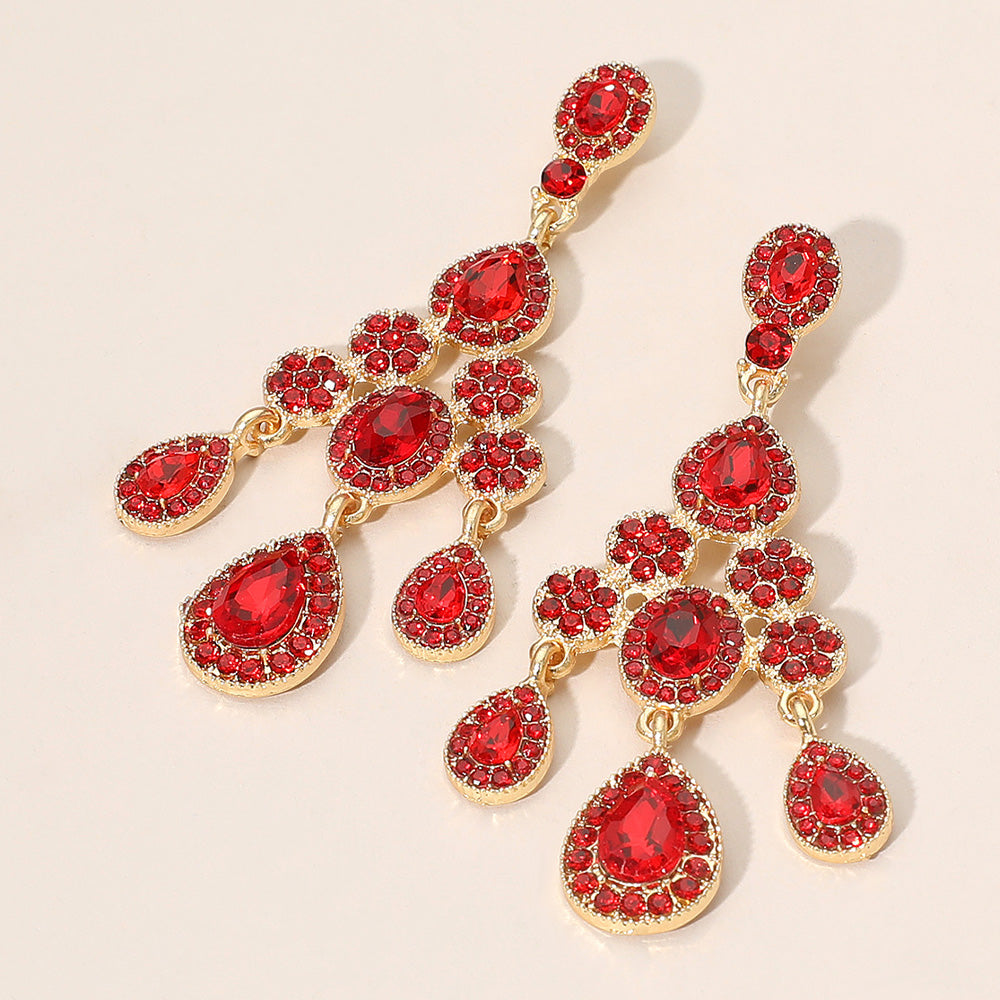 Madeline Love Gold, Siam Teardrop Stone Cluster Chandelier Drop Evening Earrings