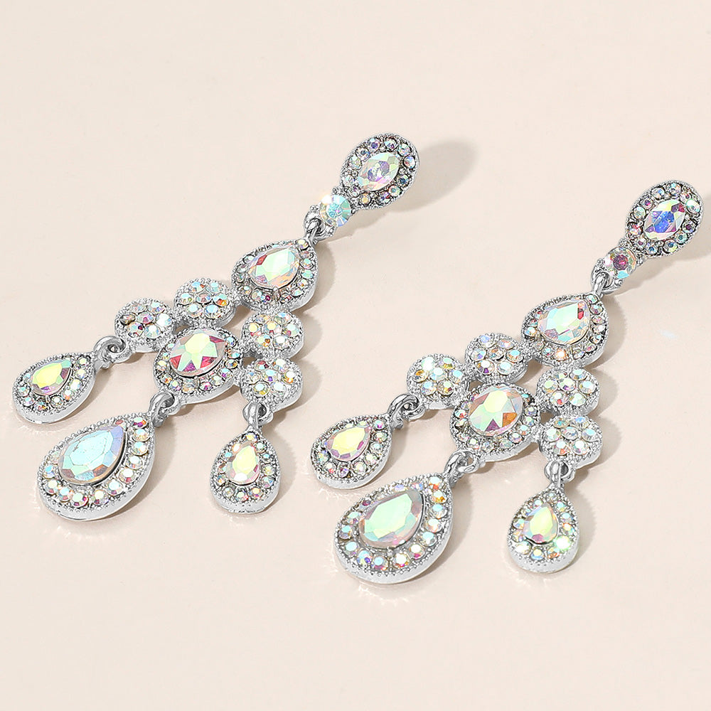Madeline Love AB, Silver Teardrop Stone Cluster Chandelier Drop Evening Earrings