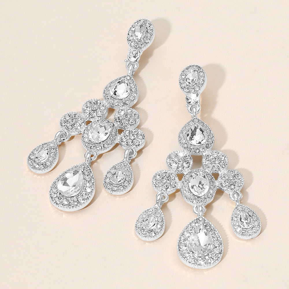 Madeline Love Clear, Silver Teardrop Stone Cluster Chandelier Drop Evening Earrings
