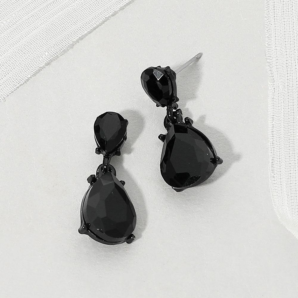 Madeline Love Black, Jet Black Teardrop Stone Cluster Drop Evening Earrings