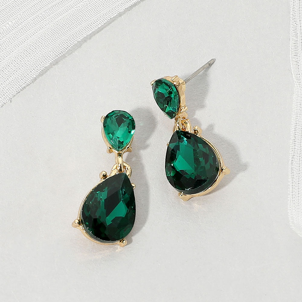 Madeline Love Emerald, Gold Teardrop Stone Cluster Drop Evening Earrings