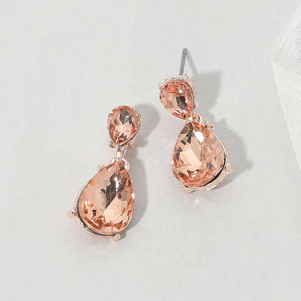 Madeline Love Peach, Rose Gold Teardrop Stone Cluster Drop Evening Earrings