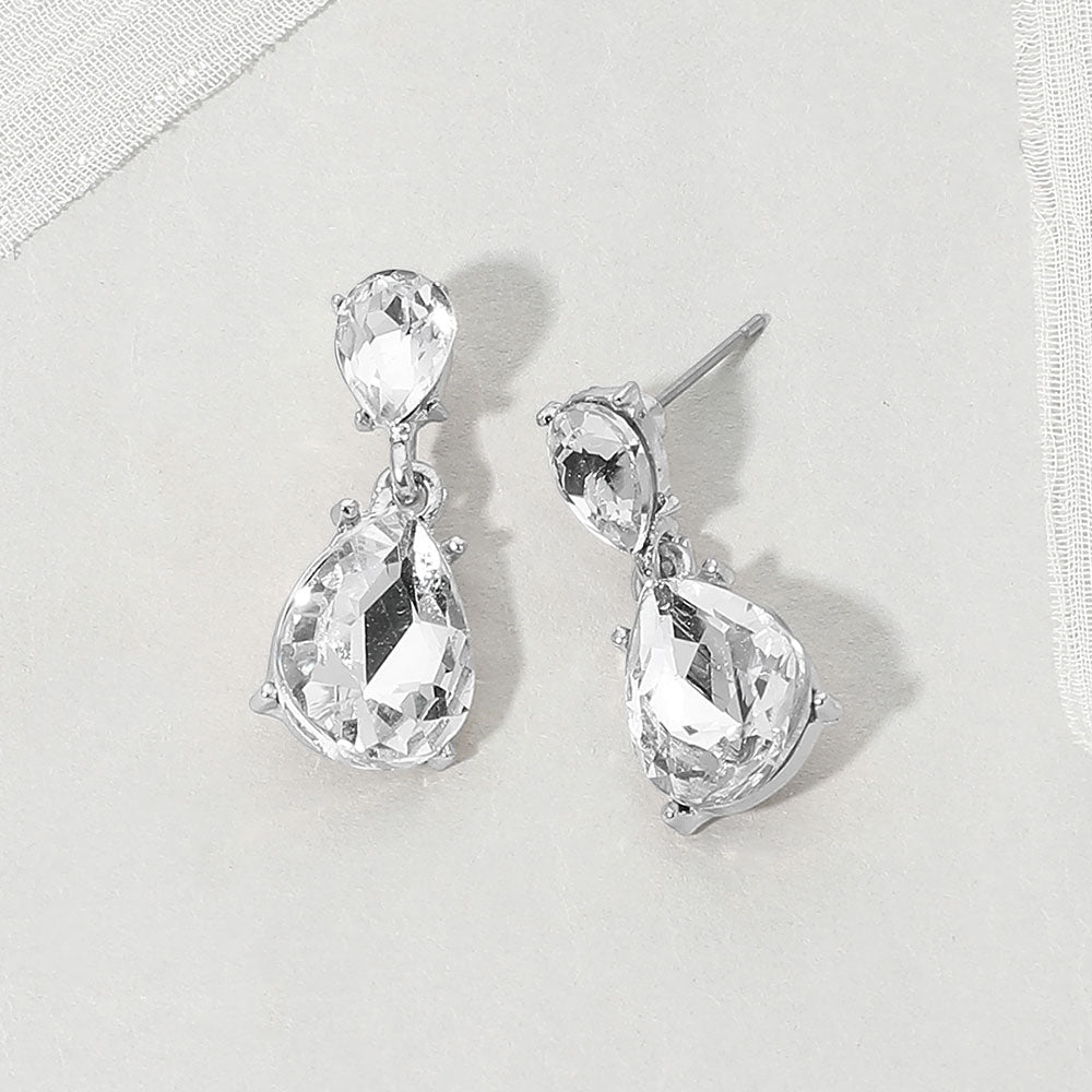 Madeline Love Clear, Silver Teardrop Stone Cluster Drop Evening Earrings