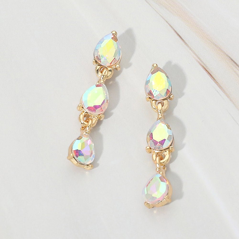 Madeline Love AB, Gold Triple Teardrop Cluster Link Drop Evening Earrings
