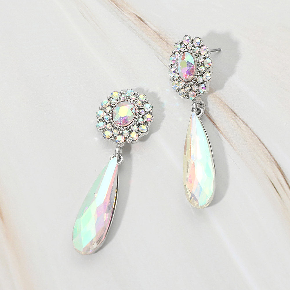 Madeline Love AB, Silver Halo Crystal Long Teardrop Dangle Evening Earrings