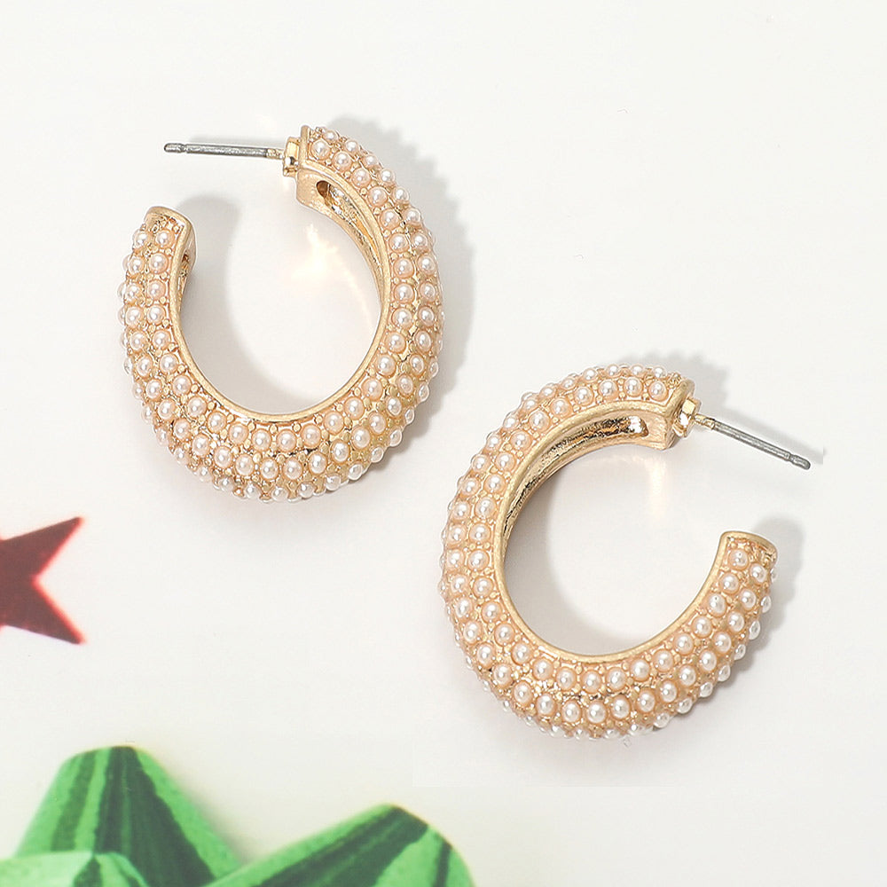 Madeline Love Cream, Gold Pearl Embellished Oval Hoop Evening Earrings