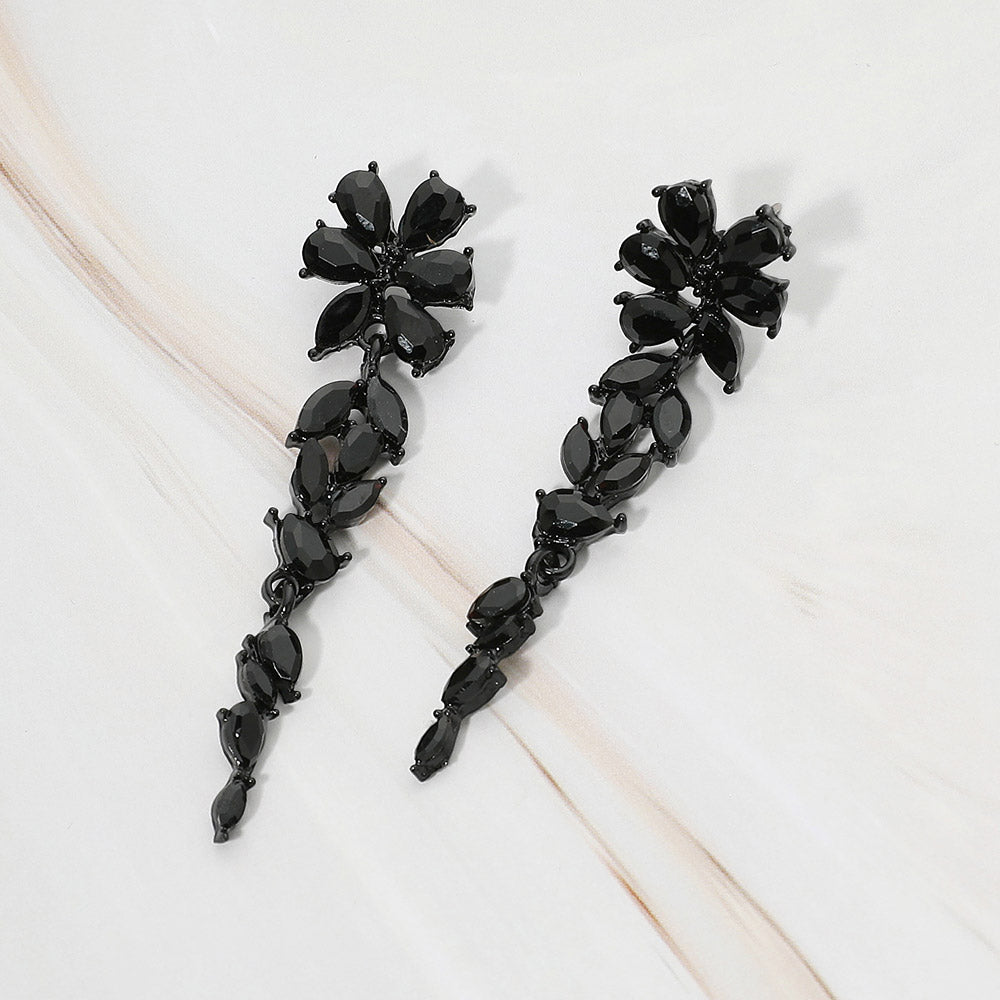 Madeline Love Black, Jet Black Floral Marquise Stone Cluster Vine Drop Evening Earrings