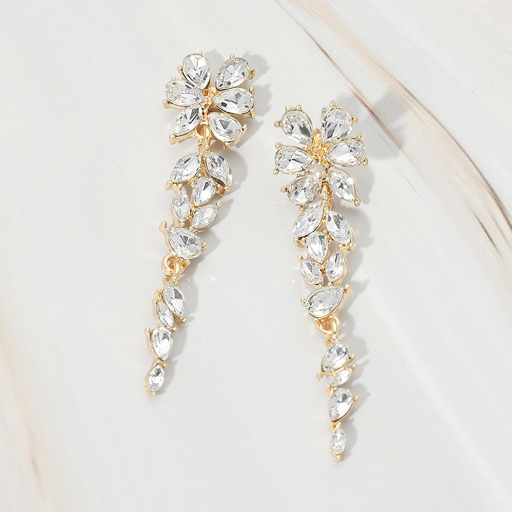 Madeline Love Clear, Gold Floral Marquise Stone Cluster Vine Drop Evening Earrings