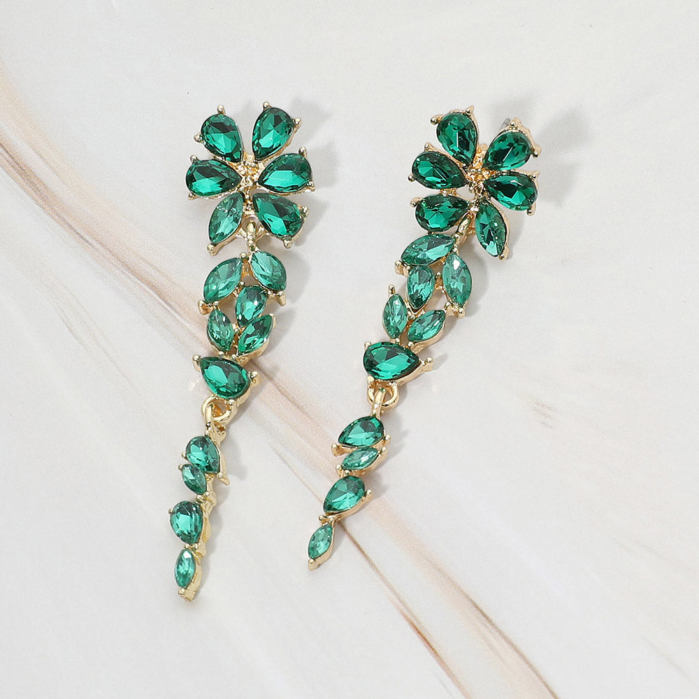 Madeline Love Emerald, Gold Floral Marquise Stone Cluster Vine Drop Evening Earrings