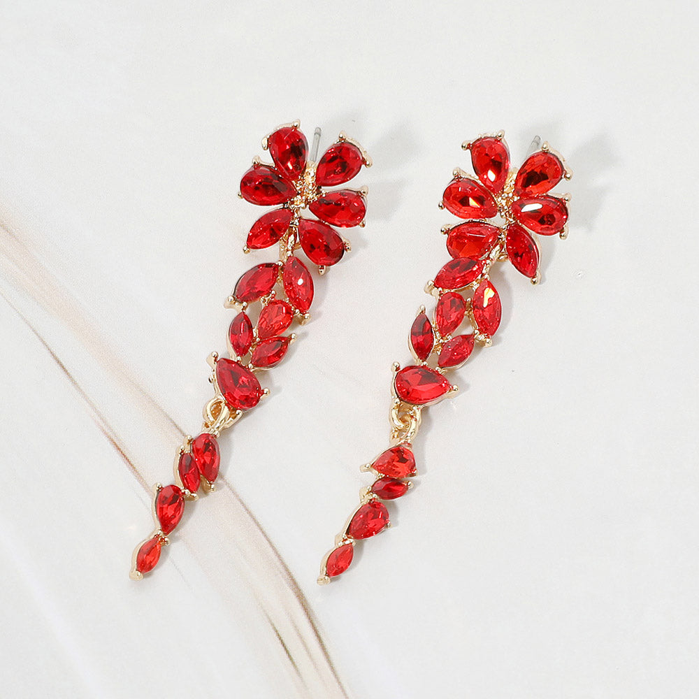 Madeline Love Gold, Siam Floral Marquise Stone Cluster Vine Drop Evening Earrings