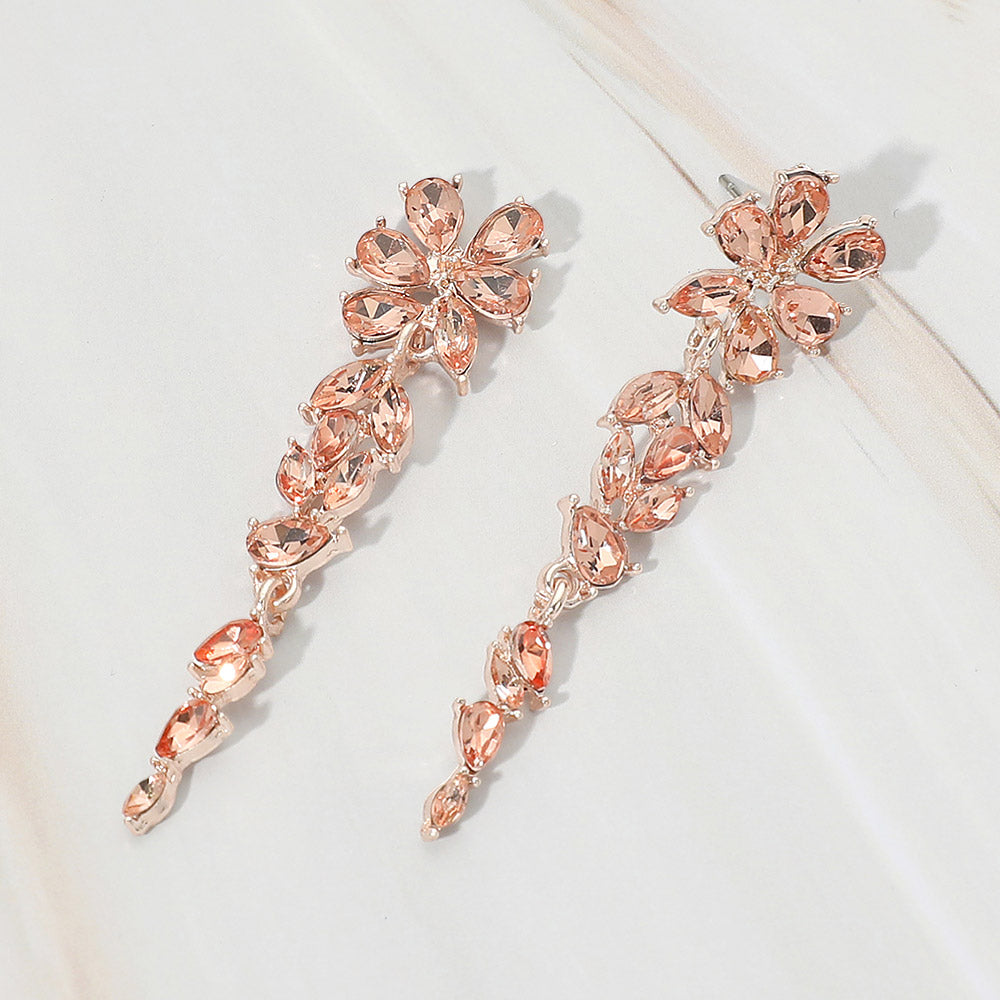 Madeline Love Peach, Rose Gold Floral Marquise Stone Cluster Vine Drop Evening Earrings