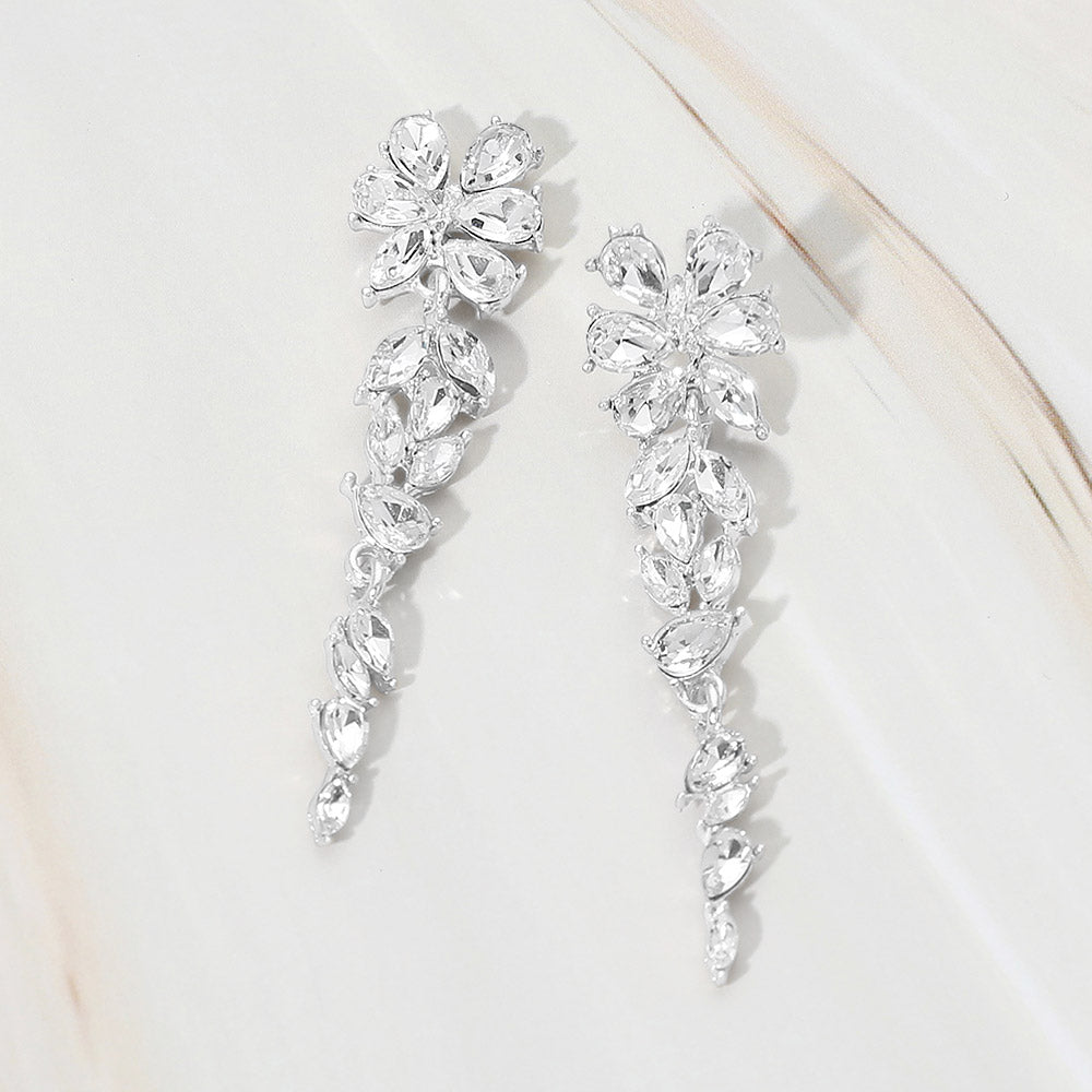 Madeline Love Clear, Silver Floral Marquise Stone Cluster Vine Drop Evening Earrings