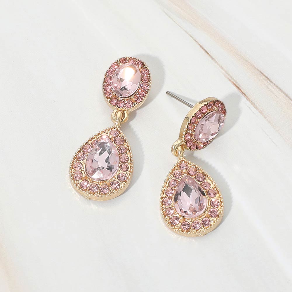 Madeline Love Gold, Lt Rose Faceted Teardrop Dangle Evening Earrings