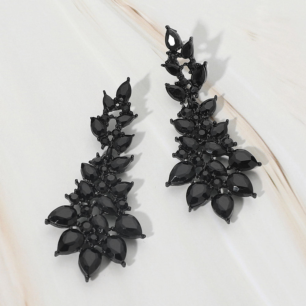 Madeline Love Black, Jet Black Teardrop Stone Cluster Embellished Drop Evening Earrings