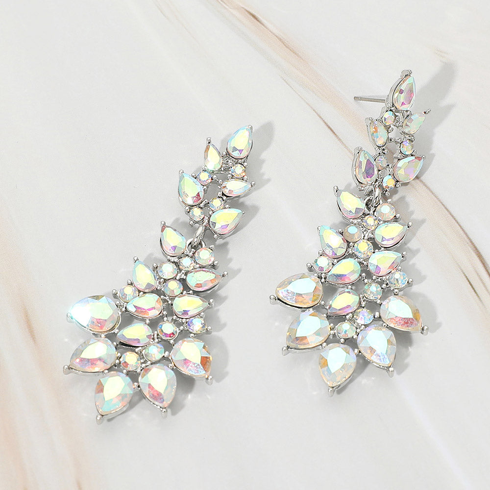 Madeline Love AB, Silver Teardrop Stone Cluster Embellished Drop Evening Earrings