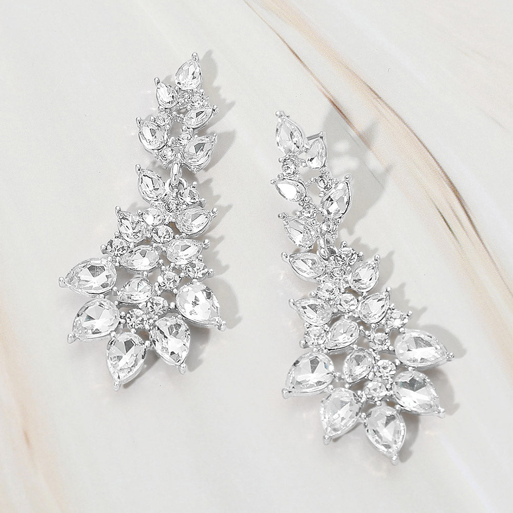 Madeline Love Clear, Silver Teardrop Stone Cluster Embellished Drop Evening Earrings